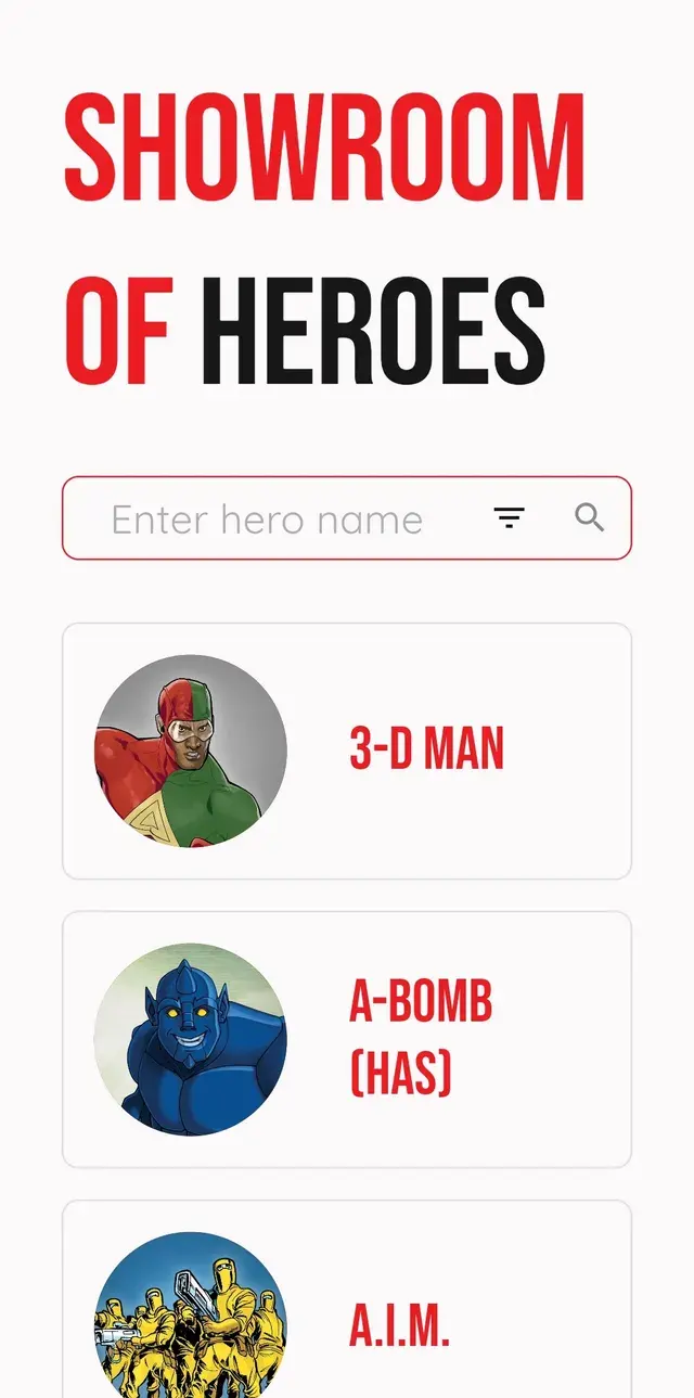 Tela do app Marvel